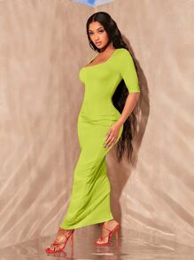SHEIN SXY Solid Square Neck Bodycon Dress - Lime Green - View 3