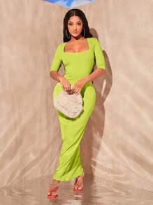 SHEIN SXY Solid Square Neck Bodycon Dress - Lime Green - View 4