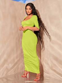 SHEIN SXY Solid Square Neck Bodycon Dress - Lime Green - View 5