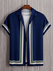 Manfinity Homme 男士條紋印花襯衫不帶T恤 - 藏蓝色 - 查看 3