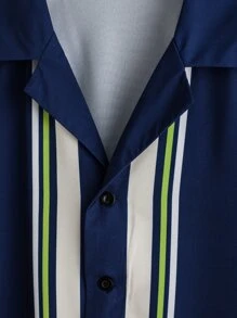 Manfinity Homme 男士條紋印花襯衫不帶T恤 - 藏蓝色 - 查看 4