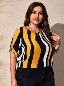 SHEIN Clasi Plus Striped Print Knot Cuff Blouse, Summer - Yellow - View 5