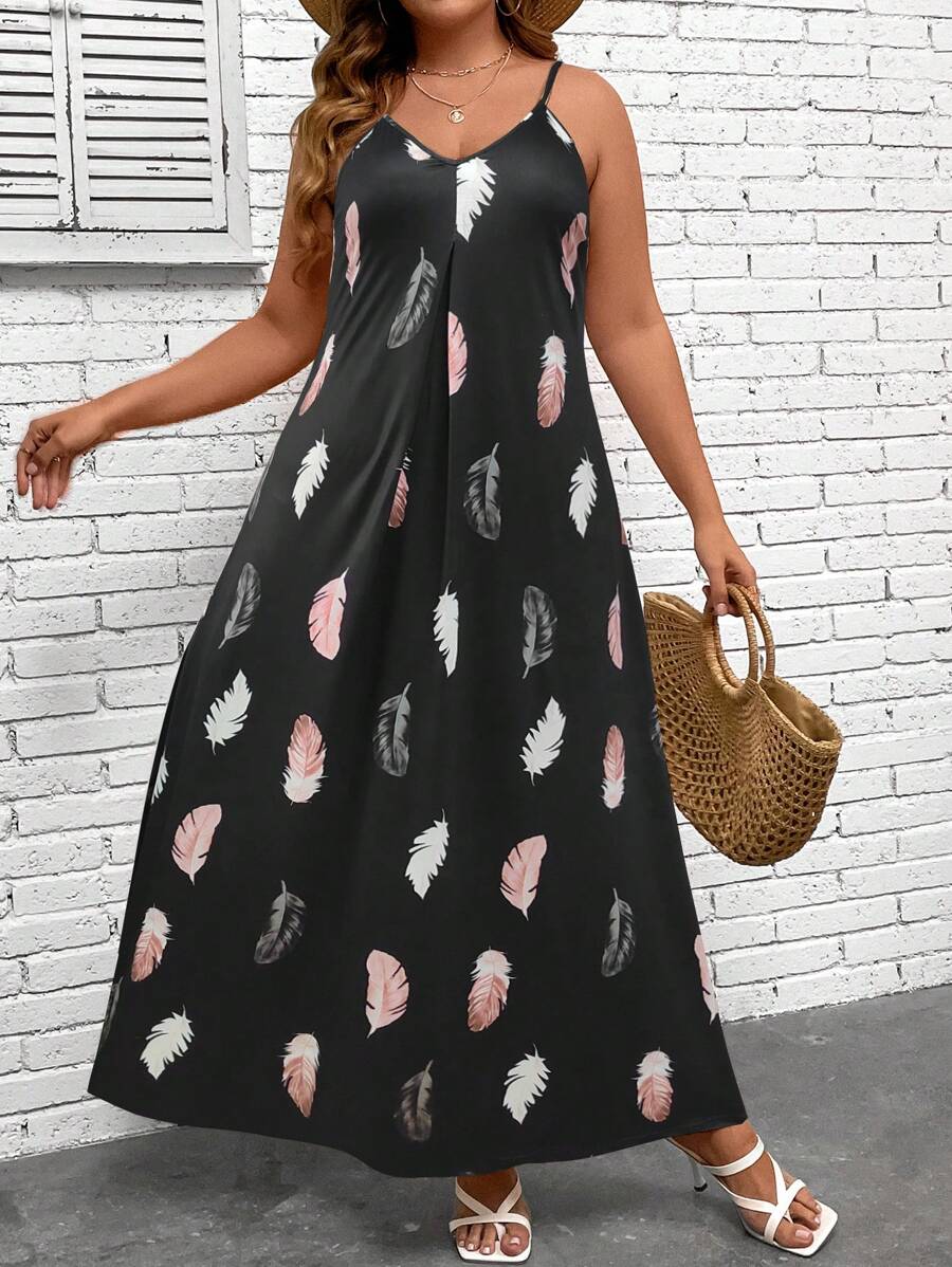 SHEIN LUNE 大碼羽毛印花吊帶連衣裙 - 黑色 - 查看 1