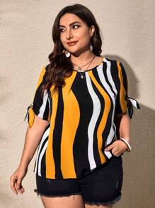 SHEIN Clasi Plus Striped Print Knot Cuff Blouse, Summer - Yellow - View 6