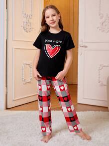 女孩愛心和字母圖案家居服上裝和格紋睡褲