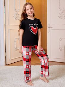 女孩愛心和字母圖案家居服上裝和格紋睡褲