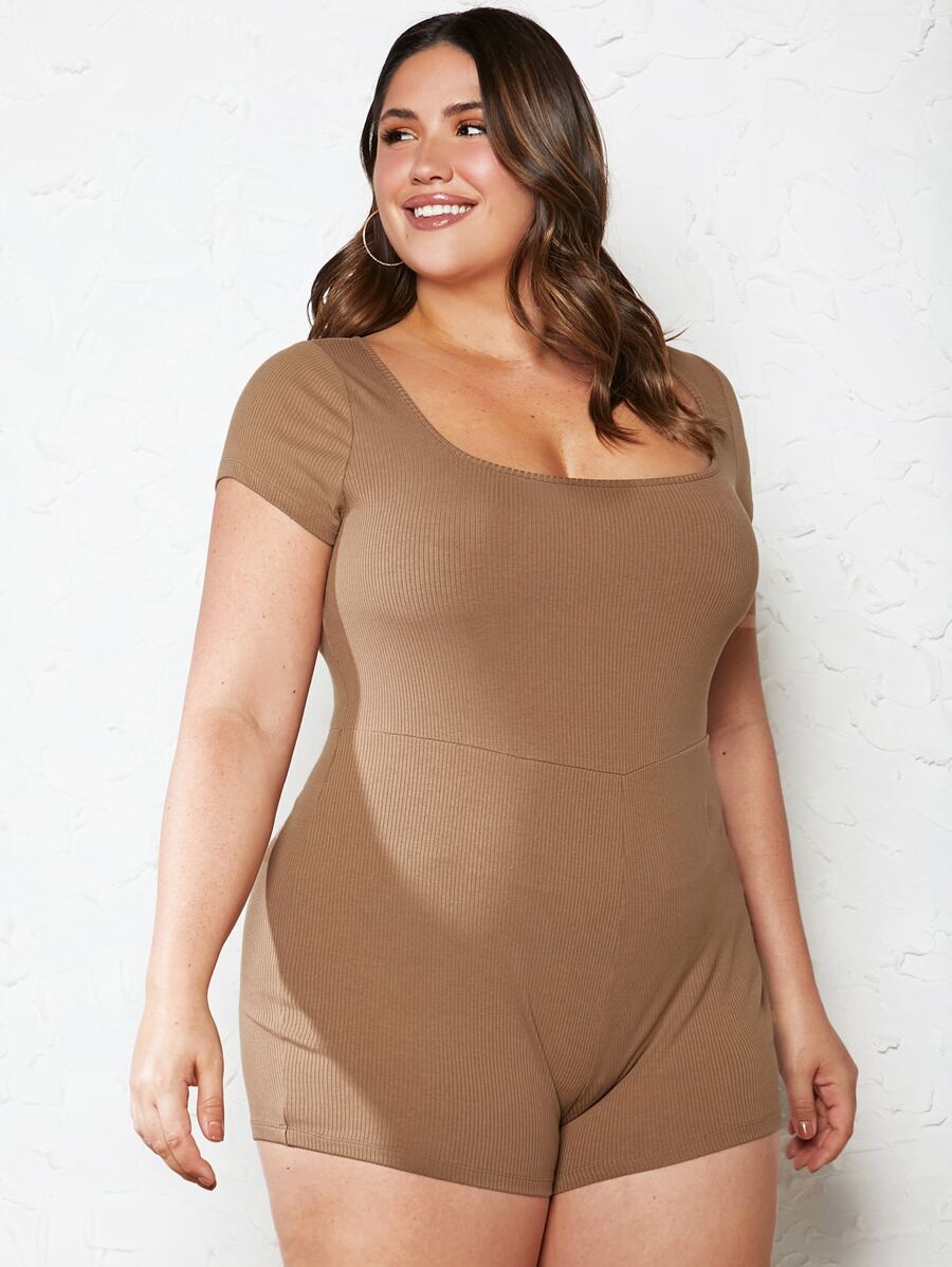 SHEIN BASICS Plus Square Neck Ribbed Knit Unitard Romper - Mocha Brown - View 1