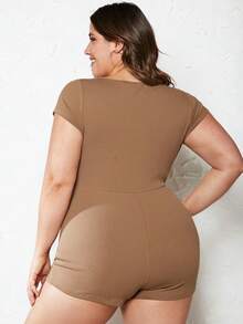 SHEIN BASICS Plus Square Neck Ribbed Knit Unitard Romper - Mocha Brown - View 2