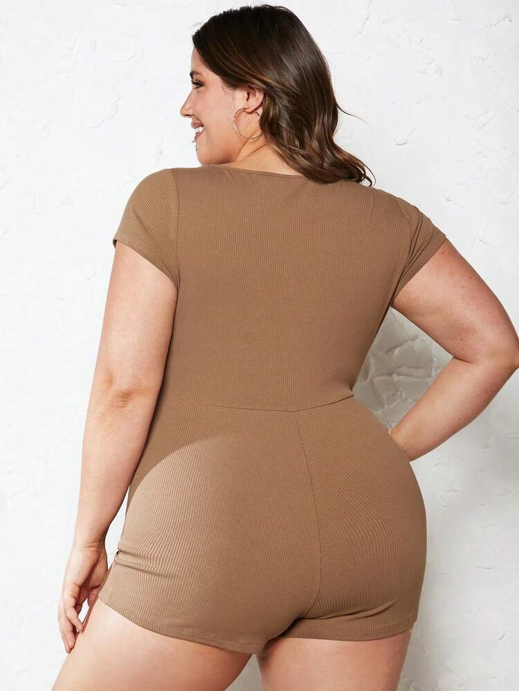 SHEIN BASICS Plus Square Neck Ribbed Knit Unitard Romper - Mocha Brown - View 2