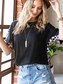 Camiseta con estampado de leopardo de manga murciélago - Negro - Ver 4