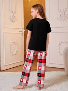 女孩愛心和字母圖案家居服上裝和格紋睡褲