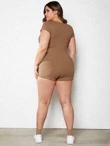 SHEIN BASICS Plus Square Neck Ribbed Knit Unitard Romper - Mocha Brown - View 3