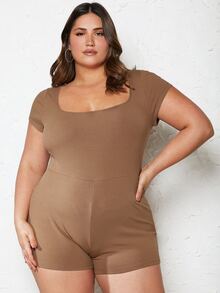 SHEIN BASICS Plus Square Neck Ribbed Knit Unitard Romper - Mocha Brown - View 5