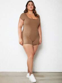 SHEIN BASICS Plus Square Neck Ribbed Knit Unitard Romper - Mocha Brown - View 6