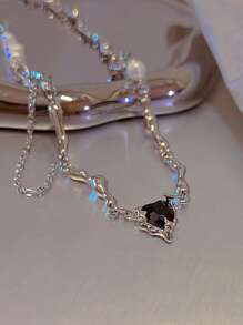 1 Máy Tính Thời Trang Hợp Kim Kẽm Đính Đá Cubic Zirconia Trái Tim & Ngọc Trai Giả Trang Trí Vòng Đeo Cổ Cho Nữ Trang Trí Hàng Ngày - màu đen - Xem 4