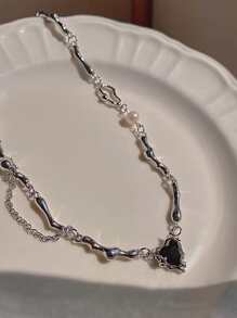 1 Máy Tính Thời Trang Hợp Kim Kẽm Đính Đá Cubic Zirconia Trái Tim & Ngọc Trai Giả Trang Trí Vòng Đeo Cổ Cho Nữ Trang Trí Hàng Ngày - màu đen - Xem 5