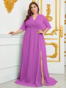 大碼圓點高衩連衣裙 - 淡紫色 - 查看 1