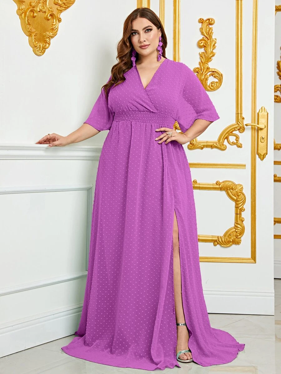 大碼圓點高衩連衣裙 - 淡紫色 - 查看 1