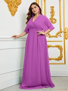 大碼圓點高衩連衣裙 - 淡紫色 - 查看 4