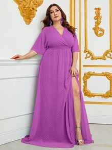 大碼圓點高衩連衣裙 - 淡紫色 - 查看 6