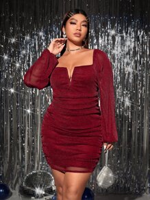 SHEIN SXY 大碼雞心領口燈籠袖褶邊金屬亮絲緊身連衣裙 - 酒紅色 - 查看 1