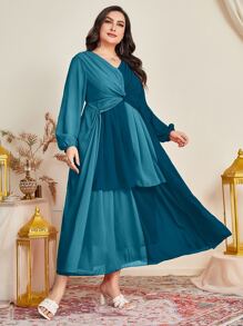 Modelyn 大碼雙色前扭結燈籠袖洋裝 - 彩色 - 查看 6