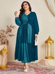 Modelyn 大碼雙色前扭結燈籠袖洋裝 - 彩色 - 查看 4