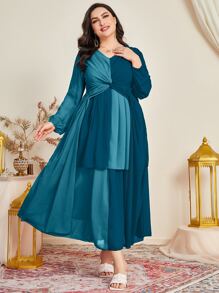 Modelyn 大碼雙色前扭結燈籠袖洋裝 - 彩色 - 查看 5