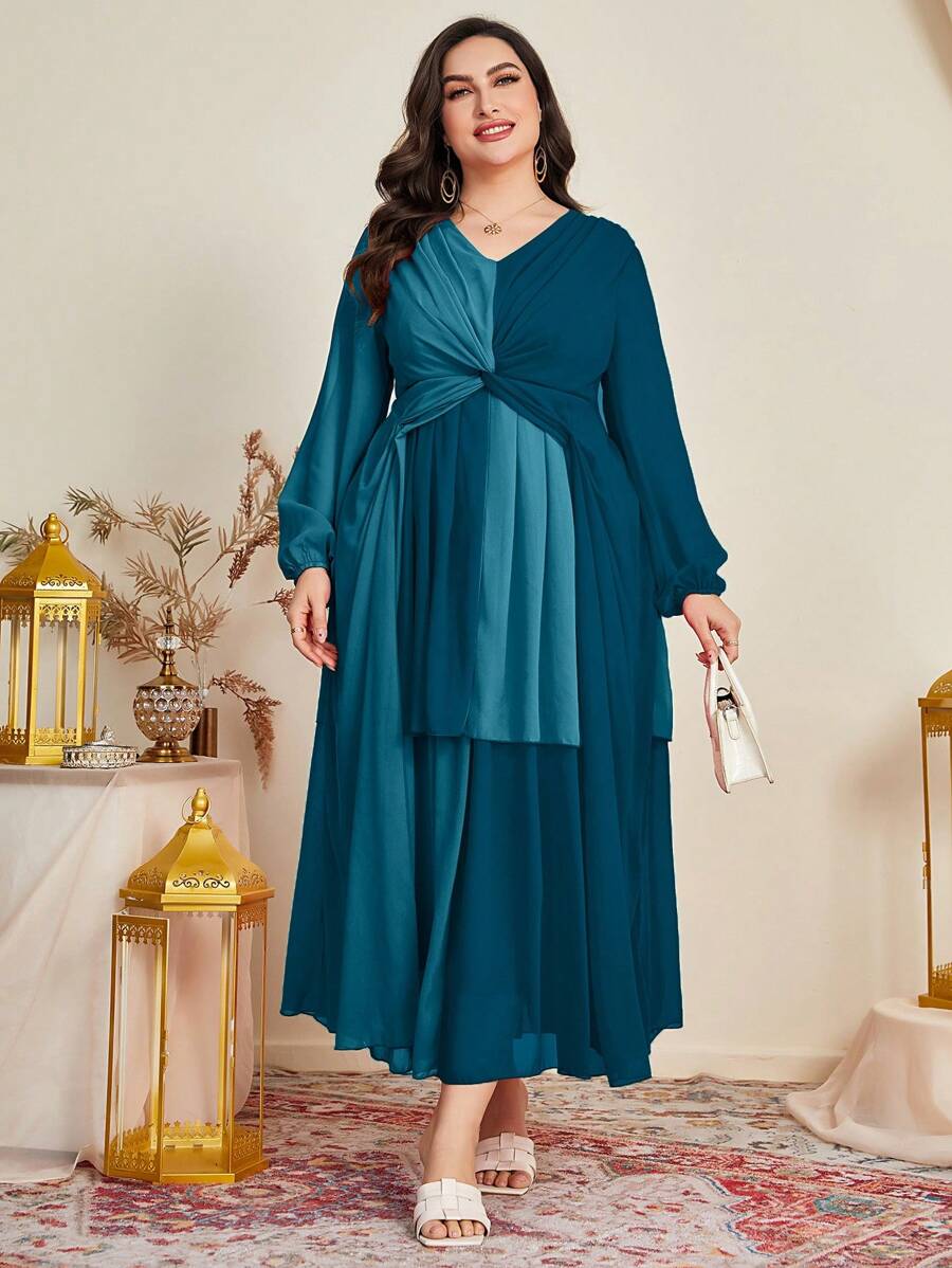 Modelyn 大碼雙色前扭結燈籠袖洋裝 - 彩色 - 查看 1