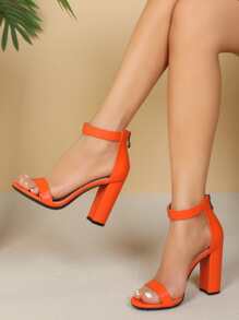 Women Zipper Back Chunky Heeled Sandals, Funky Neon-orange Ankle Strap Sandals For Summer - Orange - View 2