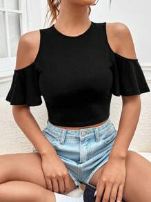 SHEIN Essnce 挖肩荷葉袖短款T恤 - 黑色 - 查看 1