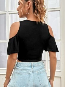 SHEIN Essnce 挖肩荷葉袖短款T恤 - 黑色 - 查看 3