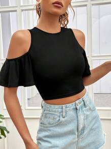 SHEIN Essnce 挖肩荷葉袖短款T恤 - 黑色 - 查看 4