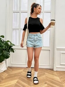 SHEIN Essnce 挖肩荷葉袖短款T恤 - 黑色 - 查看 5