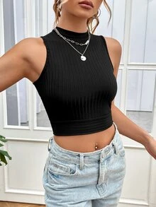 SHEIN Essnce 素色後背繫帶短款背心 - 黑色 - 查看 4