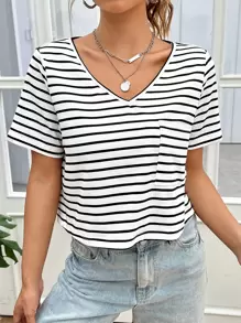 SHEIN Essnce Áo thun nữ Túi Sọc Giải trí - trắng - Xem 3