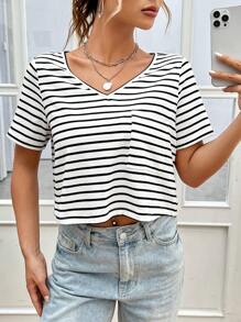 SHEIN Essnce Áo thun nữ Túi Sọc Giải trí - trắng - Xem 5