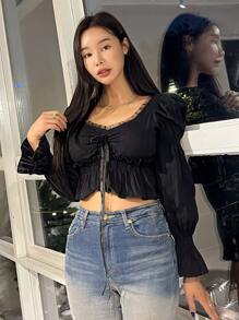 DAZY 雞心領口前打結荷葉邊短款襯衫 - 黑色 - 查看 9