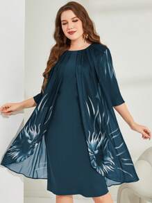 Mulvari Plus Floral Print Fold Pleated Detail Dress, Women Outfit - Green - View 1