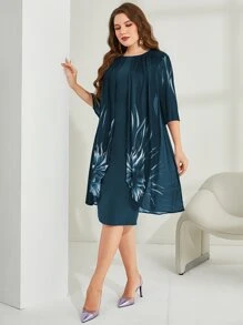 Mulvari Plus Floral Print Fold Pleated Detail Dress, Women Outfit - Green - View 3