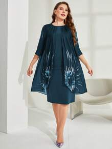 Mulvari Plus Floral Print Fold Pleated Detail Dress, Women Outfit - Green - View 4