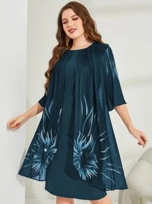 Mulvari Plus Floral Print Fold Pleated Detail Dress, Women Outfit - Green - View 7