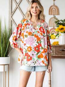 Floral Print Notched Neckline Lantern Sleeve Blouse - Multicolor - View 1