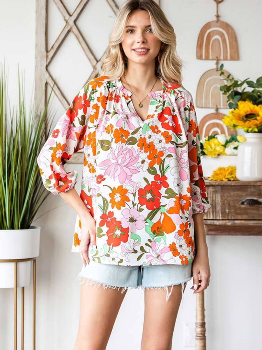 Floral Print Notched Neckline Lantern Sleeve Blouse - Multicolor - View 1