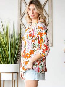 Floral Print Notched Neckline Lantern Sleeve Blouse - Multicolor - View 3