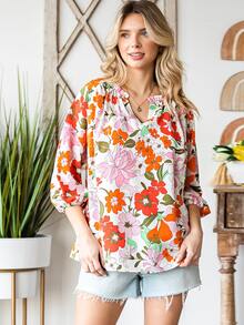 Floral Print Notched Neckline Lantern Sleeve Blouse - Multicolor - View 4