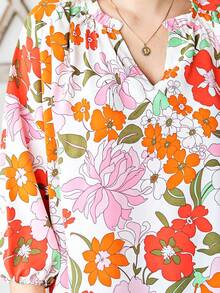 Floral Print Notched Neckline Lantern Sleeve Blouse - Multicolor - View 5