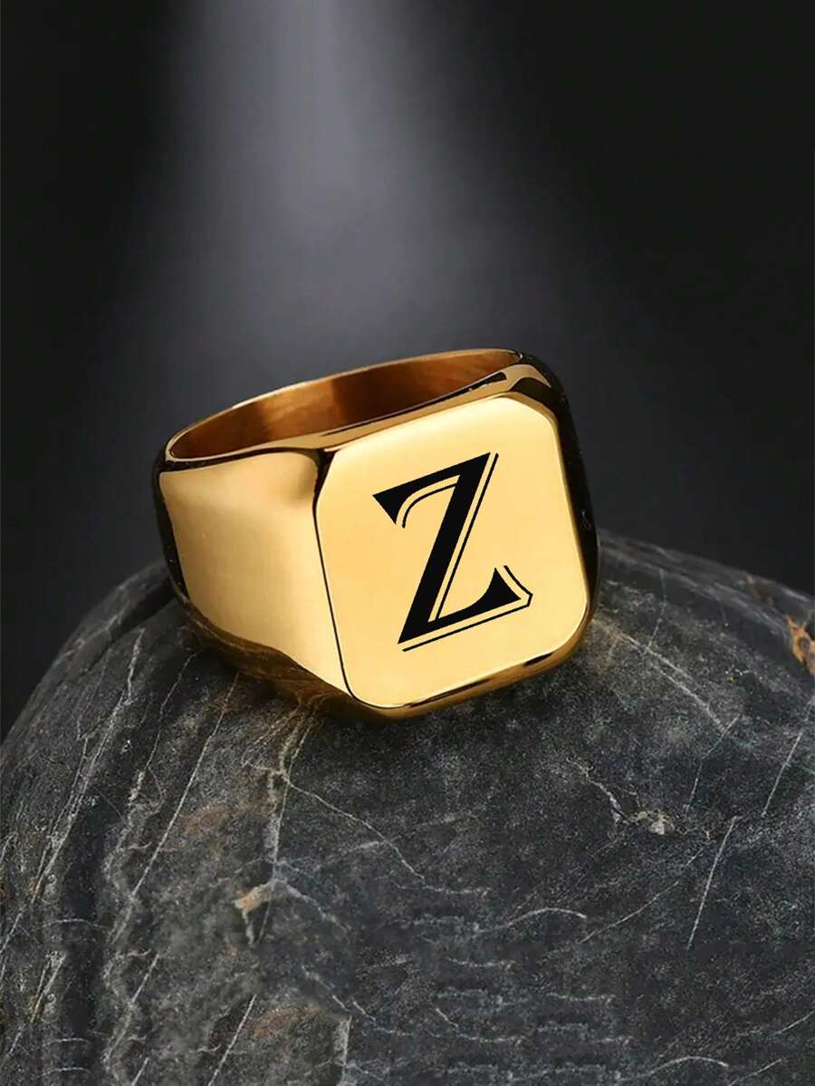 男士字母圖案戒指 - 金黃色 - 查看 1