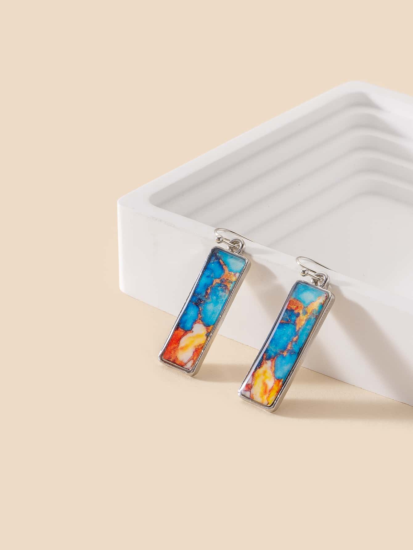 1pair Fashionable Color Block Rectangle Drop Earrings For Women For Daily Decoration - Silver - View 1