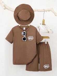 SHEIN Bộ hai mảnh Trai Lá thư Giải trí - màu nâu - Xem 1